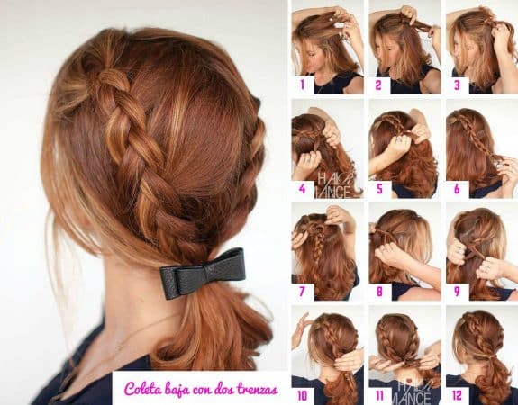 Peinado de cola de caballo con dos trenzas