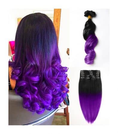 extensiones con clip de pelo 100 natural mechas californianas color negro y morado