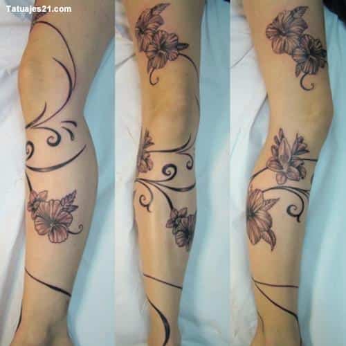 different patterns of flowers and branches on the leg